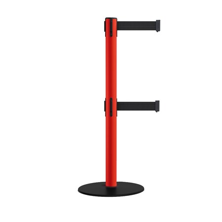Montour Line Retractable Dbl Belt 2.5" Red Post , Low Base, 7.5'Black Belt S400D-RD-BK-75